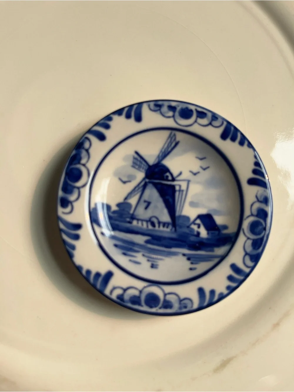 Blue and White Delft-Style Windmill Decorative Plate